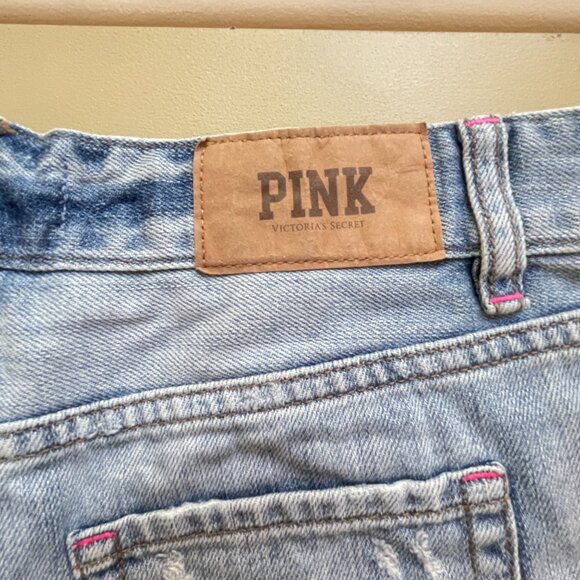 Victoria's Secret Pink Shorts 2 Blue Denim Jean Crystals Studs Distressed - Picture 6 of 9